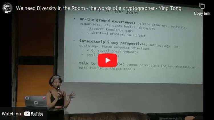 Image linking to a video on Youtube titled "We need Diversity in the Room - The words of a cryptographer - Ying Tong"