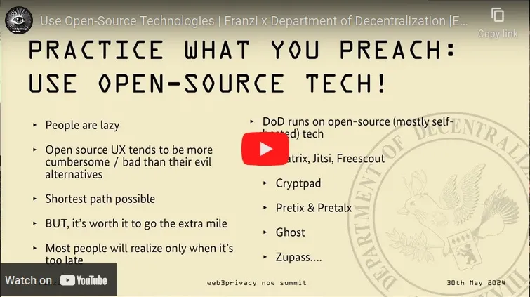 Image linking to a video on Youtube titled "Use Open-Source Technologies | Franz x Department of Decentralization [ETHBerlin]"