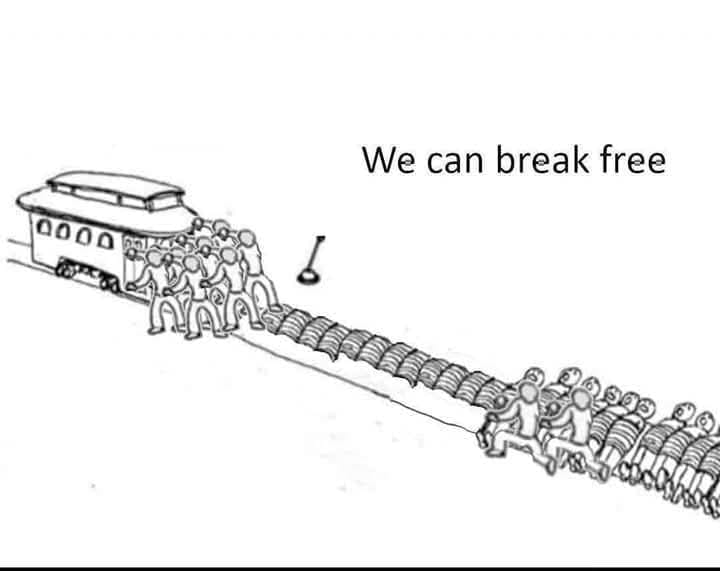 The trolley dillema meme. But instead of multiple tracks there is just one. The caption says "We can break free" Many people have come together to stop the trolley, while others are untying the people attached to the track.