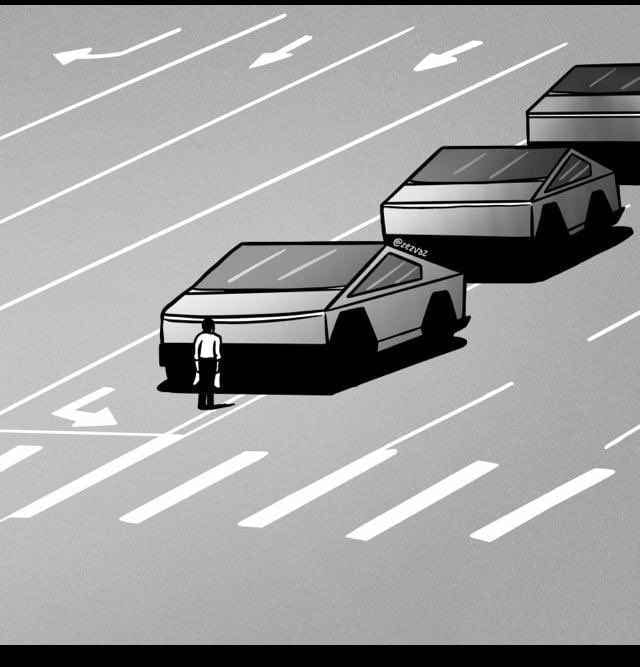 The famous picture of the 1989 Tiananmen Square protests and massacre. It's a drawing, and the individual who stood in front of the tanks appears to be standing in front of Tesla's cybertrucks.