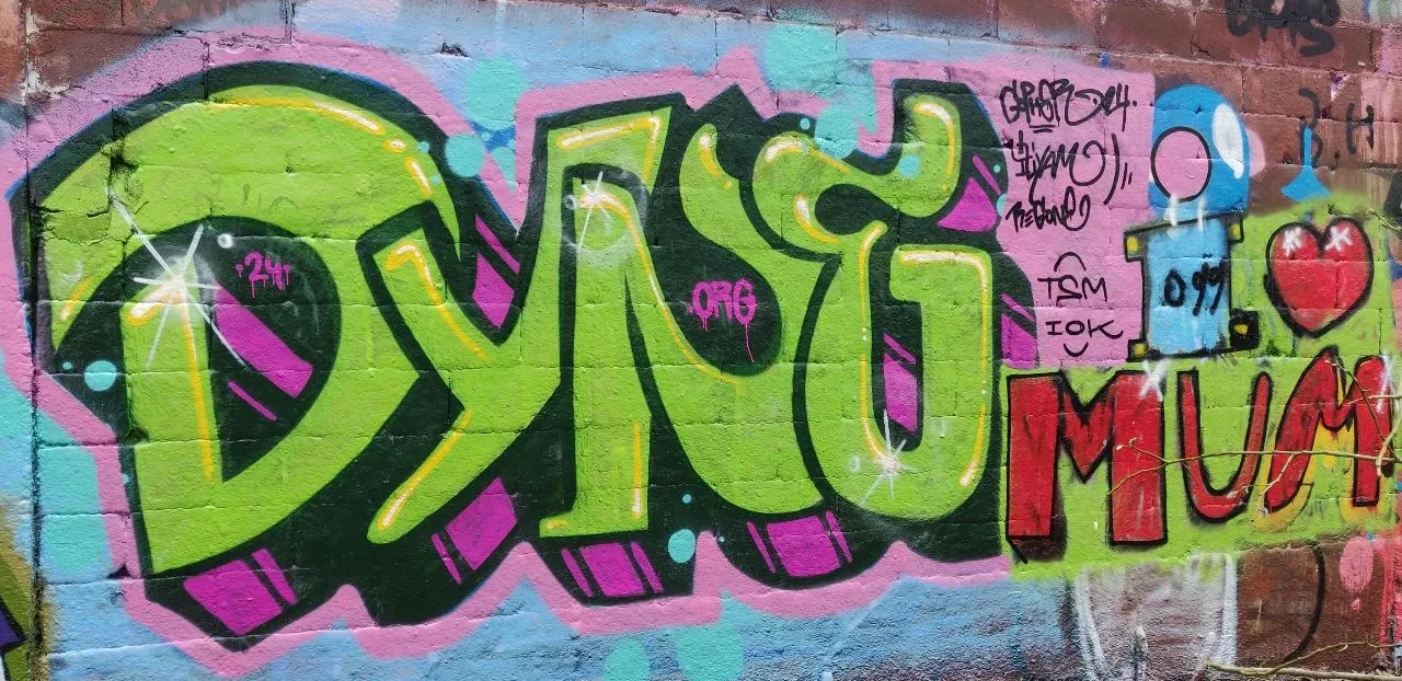 Graffiti piece spelling "DYNE" and "I ❤️ MUM" in bright colors