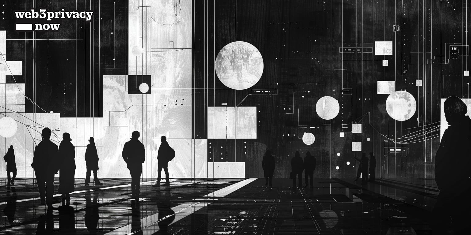 A black and white image of an abstract urban environment. Siluhettes of people walk. There are many moons in the skyline.