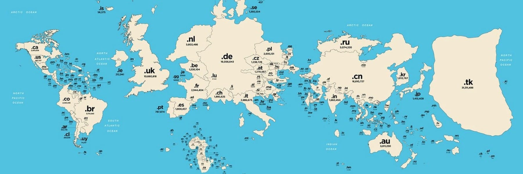 A world map showing contries of the world, sized according to how many websites exists with their TLD extension.