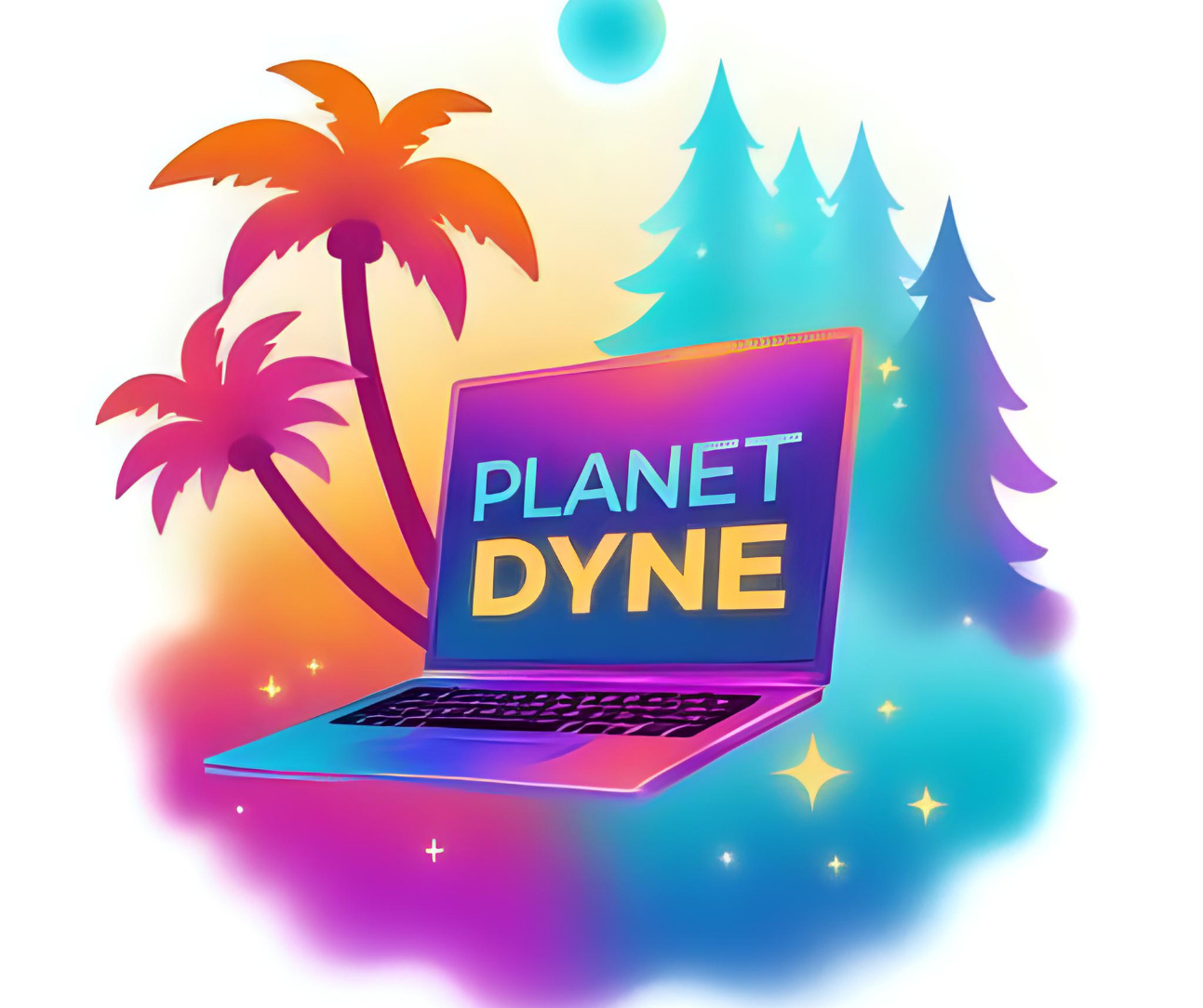 A laptop seated in the middle between sunny palm trees and snow pines. The colors are purple, orang and cyan style is airbrushed. On the screen, the text "PLANET DYNE""